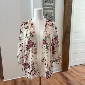 Women's Medium Ivory Pink Floral Y2K Sheer Cropped Relaxed Flowy Overlay Top